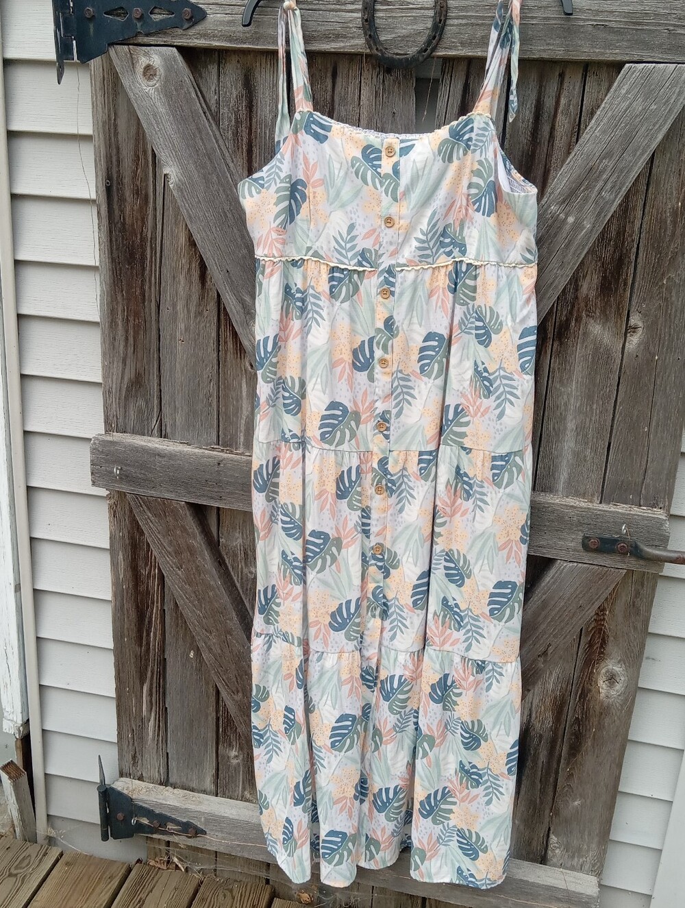 LC Lauren Conrad Palm Pattern Button Front Tiered Maxi Dress, PXL